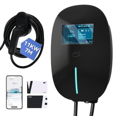 FULLWATT EV Ladegerät Typ 2 11 kW, Wallbox Ladestation mit APP und RFID, 3-Phasig 7M 6-16A, mit LCD und Ladegerätehalter, IP54, für Alle EVs und PHEVs, Schwarz
