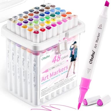 Ohuhu Pinselmarker auf Alkoholbasis, 48 Farben Pinsel & Meißel Doppelspitzen Permanent Marker für Künstler Erwachsene Anfänger Mode Cartoon Animation Malerei Skizzieren Ausmalen Illustration Design