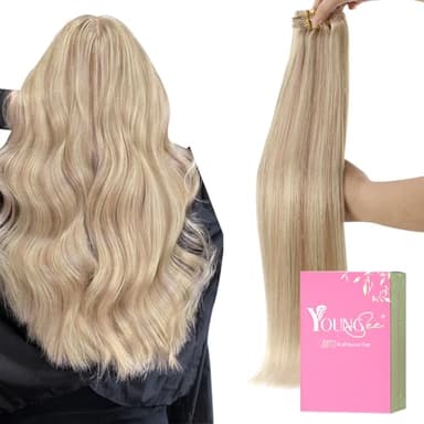 YoungSee Clip in Extensions Echthaar Blond Echthaar Extensions Clip Aschblond und Warmblond Remy Clips Haarextension Blond Clips Haarverlangerung Echt Haare Glatt fur Damen 30 cm 80g 18/613