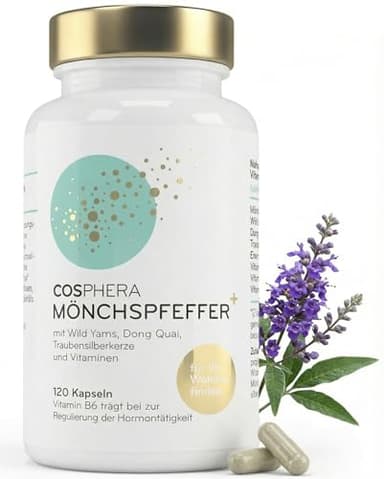Mönchspfeffer Kapseln hochdosiert (120 Kapseln) - 100 mg je Tagesdosis - angereichert mit Wild Yams, Dong Quai, Traubensilberkerze, Vitamin C, B6, B12 und Eisen - Original Vitex Agnus Castus - Vegan