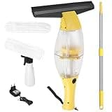 Akku Fenstersauger, Fensterreiniger elektrisch, Fensterputzer mit Teleskopstiel, Akkulaufzeit: 2.2Ah,40 min,28 cm Saugdüse, Sprühflasche mit Mikrofaserbezug für 360° streifenfreie Reinigung (Gelb)