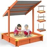 Spielwerk® Sandkasten Max Sonnendach 140x140x120cm imprägniertes Holz Füllstand Skala UV 50+ Kantenschutz Bodenvlies Sandspielzeug Kinder Sandbox Sandkiste
