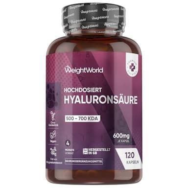Hyaluron Kapseln - 600mg pro Kapsel - 120 vegane Hyaluronic Acid Capsules - 4 Monate Vorrat - Molekülgröße (500-700 KDA) - Hyaluronsäure Kapseln - Frei von Magnesiumstearat - WeightWorld