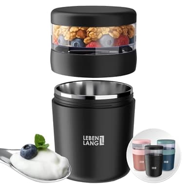 LEBENLANG 650ml Müslibecher To Go mit Löffel - Mit Isolierender Edelstahlinnenwand I Müslibox Joghurtbecher Müslibecher to go Kinder & Erwachsene Becher für Porridge Joghurt Müsli & Cornflakes