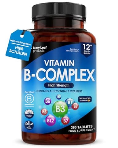 Vitamin B Komplex – 365 Kleine Tabletten, Jahresvorrat, Hochwirksam, mit B1-B2-B3-B5-B6-B12, Biotin, Folsäure und Vitamin C für Energie Immununterstützung – Gegen Müdigkeit – Hergestellt in UK