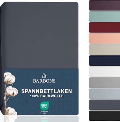 BARBONS Spannbettlaken 90x200cm - 100% Baumwolle Spannbetttuch Oeko-TEX Zertifiziert Bettlaken Jersey Bettwaren und Bettbezug für Boxspringbett und Dicke Matratzen bis 27 cm - Dunkelgrau 90 x 200