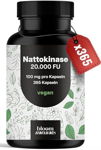 Nattokinase hochdosiert - 365 Kapseln - 20.000 FU pro Tagesdosis, vegan & produziert in Deutschland - Verpackung kann variieren Laborgeprüft