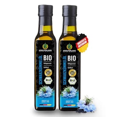 Kräuterland Bio Schwarzkümmelöl 2X250ml (500ml), gefiltert, ohne Zusatzstoffe, hoher Thymochinon, Omega Fettsäuren, kaltgepresst, vegan, mild, mühlenfrisch aus unsrer hessischen Ölmühle