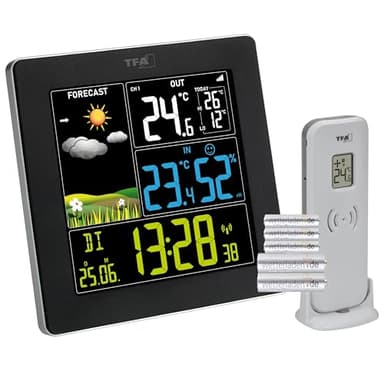 TFA Dostmann Wetterstation Funk mit Außensensor SUN2 digital, 35.1174, für Innen und Außentemperatur, großes Farbdisplay, Wohnklima, Funkuhr mit Datum, Hygrometer, mit Netzteil, schwarz mit Batterien