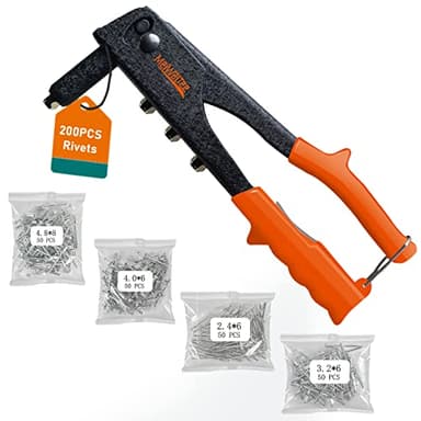 Meiwaltee Blindnietzange Set 4 - in -1, Nietzange Set Mit 200 Nieten in 4 Größen 2,4 MM -3,2 MM - 4,0 MM - 4,8 MM, Langlebig und geeignet für Metallarbeiten, Automotive und Andere Gängige DIY-Projekte