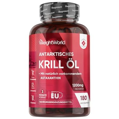 Antarktisches Krillöl Weichkapseln - 1200mg pro Portion - Liefert Omega 3, DHA, EPA, Astaxanthin, Cholin, Marine Phospholipide -180 Softgels für 3 Monate - Alternative zu Krillöl Kapseln - WeightWorld
