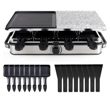 8 Personen Raclette Set - Tischgrill inkl. Pfännchen & Schaber - Grillplatte & Steinplatte antihaftbeschichtet (Eckig)