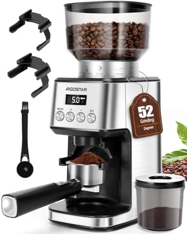 Aigostar Elektrisch Kaffeemühle mit 52 Mahleinstellungen, Kegelmahlwerk Geeignet für Espresso, Professionelle Elektrische Kaffeemühle mit Präzisem Digital Display, Edelstahl Coffee Grinder, Silber