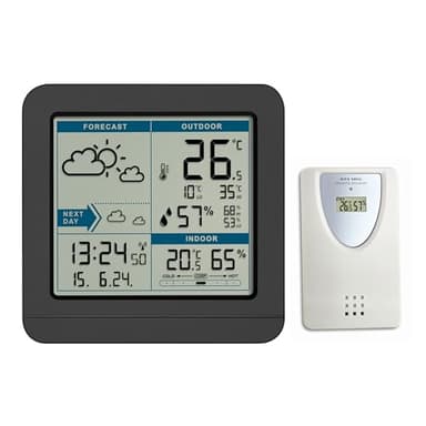 TFA Dostmann digitale Funk Wetterstation SKY, 35.1152.01, mit Außensensor, Temperatur & Luftfeuchtigkeit innen/außen, Wettervorhersage, Höchst- und Tiefstwerte, Funkuhr, 123 x 52 x 117 mm, schwarz
