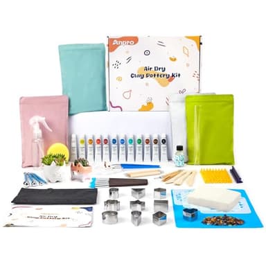 Anpro Lufttrocknendes Ton-Heimtöpferset für Erwachsene, 46-teiliges DIY-Tonset für Anfänger, Töpferton mit Werkzeugen, Farben, Pinseln, Anleitung, Glanzlack