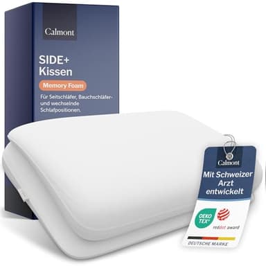 CALMONT - Seitenschläferkissen mit Bezug I Bauchschläferkissen I Ergonomisches Kopfkissen I Kopfkissen Nackenschmerzen I Mit Schweizer Arzt entwickelt I RedDot Award Gewinner (70x40 cm)