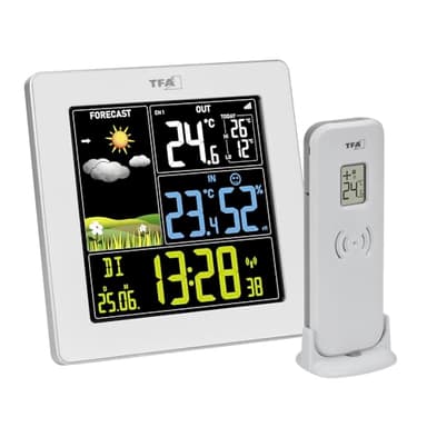 TFA Dostmann Digitale Funk Wetterstation mit Außensensor SUN2, 35.1174, für Innen und Außentemperatur, großes Farbdisplay, mit Wohnklima, inkl Funkuhr mit Datum, Hygrometer, mit Netzadapter, weiß