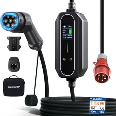 ELEGRP 11kW Mobile Wallbox mit Typ 2 Ladekabel, 3-Phasen EV Ladegerät, 6-16A Einstellbar, 7m Kabel, IP67 Wasserdicht, Mobile Ladestation IEC 62196-2 für Zuhause & Unterwegs, Plug and Play