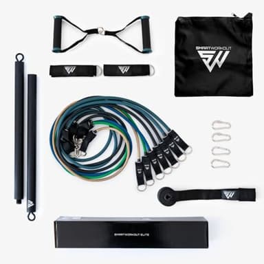 SmartWorkout® - Profi-Set mit Widerstandsbänder Krafttraining – Komplettpaket für Fitnesstraining, 19 Stück, 7 Resistance Bands insgesamt 120 kg, Stange für Fitnessbänder, Türanker & Trainingsprogramm