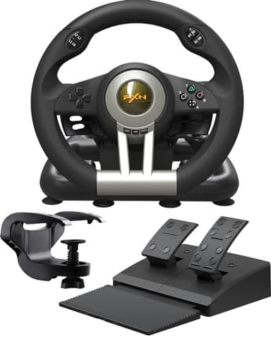 PXN V3 Pro Gaming Lenkrad mit Pedalen - 180°, Vibrationsfeedback, Integrierter Schalthebel, Paddle Schaltung - Lenkrad für PC, PS4, PS3, Xbox und N Switch - Schwarz