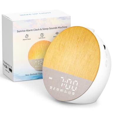 Uwithm Tageslichtwecker, Lichtwecker Sonnenaufgang Wecker Doppel, Wake Up Light, Bluetooth Lautsprecher, White Noise Machine mit 30 Beruhigende Klänge, 20 Helligkeit,18 Farben Dimmbare Nachttischlampe