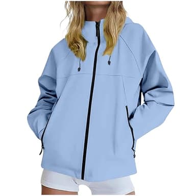 KOG Regenjacke für Damen Wasserdicht Funktionsjacke Atmungsaktiv Herbstjacke Jacken Einfarbige Oberteil Frauen Kapuzenjacke Elegant Regenmantel Slim Fit Sport Jacke übergangsjacken Hellblau L