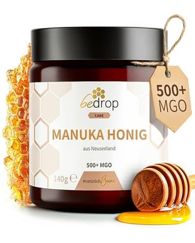 bedrop Manuka Honig mit MGO 500+ XXL Glas - 100% echter Premium Manukahonig aus Neuseeland mit zertifiziertem Methylglyoxal Gehalt (Analyse-Zertifikat) - 140g