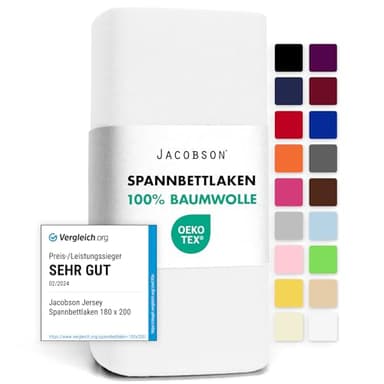 Jacobson Jersey Spannbettlaken Spannbetttuch Baumwolle Bettlaken (180x200-200x200 cm, Weiss)