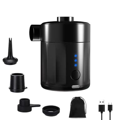 Mojimdo Tragbare Elektrische Luftpumpe, 5000 Pa Pumpe Akku, 450L/Min, Kompakte Air Pump mit 4 Düsen, für Camping, Luftmatratze, Schwimmring, Luftkissen, Schlauchboot, Vakuumbeutel