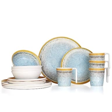 Moritz Camping Tafelgeschirr aus Melamin für 4 Personen 16-teilig | spülmaschinenfest | Picknick Geschirrset | Geschirr Campinggeschirr I Crystal Blue Design