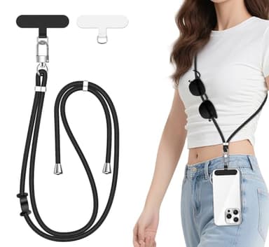 ivoler Handykette Verstellbar Handyband Universal, mit 2 Stück Patch und Robuste Haken mit alle Smartphones zum Aufhängen von kabellosen Kopfhörern, Schlüsseln, Sonnenbrillen usw. - Schwarz