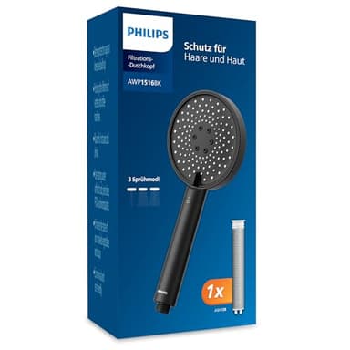 Philips Water Duschkopf mit Filter – Schutz für Haut & Haare, entfernt effektiv Chlor und große Partikel, 3 Sprühmodi, 1 Monat Filterkapazität, Schwarz