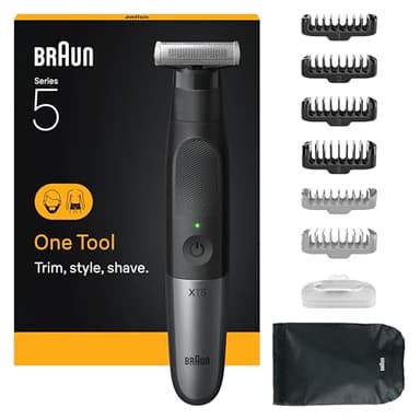 Braun Series XT5 Gesicht & Körper, Elektrischer Rasierer, Barttrimmer & Bodygroomer, 7 Zubehörteile, Körperrasierer mit Sensitiv Kammaufsatz, 45 Min Akku, Trimmen & Rasieren, Wasserdicht, XT5200, Grau