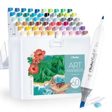 Ohuhu Alkoholstifte Slime Broad und Fein Kunstmarker-Set mit Doppelspitze für Künstler Erwachsene zum Ausmalen Zeichnen Landschaftsdesign 60 Farben für Landschaftsillustrationen, Kaala-Serie