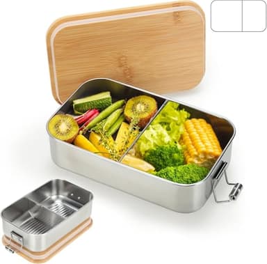 VINATO Brotdose Edelstahl, 700ML Lunchbox Erwachsene Auslaufsicher mit Dichtring, Edelstahl Brotdose mit Fächern, BPA-frei, Adult Lunch Box with Compartments & Holzdeckel für Arbeit, Schule, Picknicks
