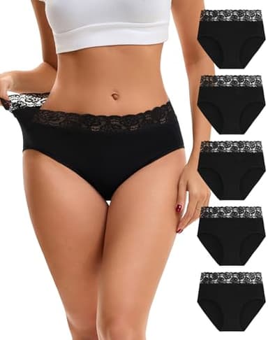 INNERSY Damen Unterhosen Baumwolle Schwarz Pantys High Waist Slips mit Spitze Unterwäsche 5er Pack (XXL, 5 Schwarz)