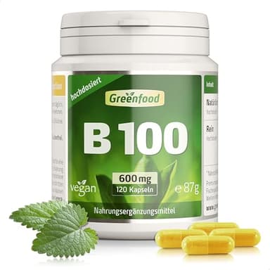 Vitamin B Komplex, extra hochdosiert, 600mg - 120 Kapseln, vegan. Alle B Vitamine (B1, B2, B3, B5, B6, B7, B9, B12) – hohe Bioverfügbarkeit. OHNE künstliche Zusätze - laborgeprüft. Von Greenfood.