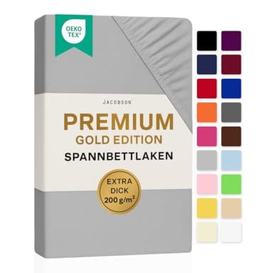 Jacobson Premium Spannbettlaken 200 g/m² Jersey Baumwolle mit Elasthan (90x200-100x200 cm, Grau)