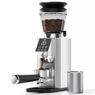 AMZCHEF Elektrische Kaffeemühle mit 45 Mahlgraden, Espresso-Mühle mit höhenverstellbarem Siebträgerstand, LED-Touchpanel, Anti-Statik-Design und Speicherfunktion–Edelstahl-Kaffeemühle für Siebträger