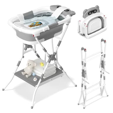 COOSEYA Baby Badewanne mit Gestell für 0-18 Monate, Faltbare Babybadewanne mit Stützpolster und Temperaturempfindlichem Ablassventil, Ideale Babywanne für Neugeborene, Bär-Design (Grau mit Gestell)