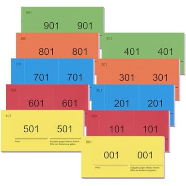 Nezyo Doppelnummern Blöcke 1-1000 Nummernblöcke Lose Nummeriert Garderobenmarken Großpackung Zahlenblöcke für Garderobe Events Party Messen, 10 x 5 cm(Rot, Blau, Gelb, Grün, Orange)