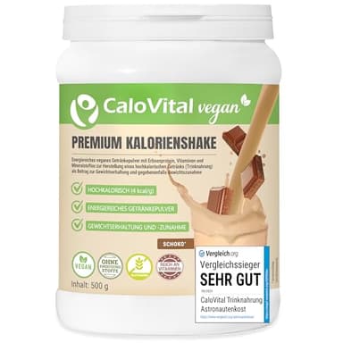 Hochkalorische Trinknahrung Vegan Kalorien Shake zum Zunehmen | Astronautennahrung Trinkmahlzeit mit Kohlenhydrate Protein Vitamine & Mineralstoffe Hochdosiert | CaloVital (500 g, Schoko)