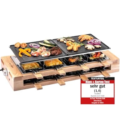 KLAMER Raclette Grill 8 Personen 1500 W mit Holzgestell & Parkdeck, Alu-Druckguss-Grillplatte antihaft, stufenlos regelbar, ILAG Beschichtung, Test "Sehr gut (1,4)", deutsche Marke Berlin