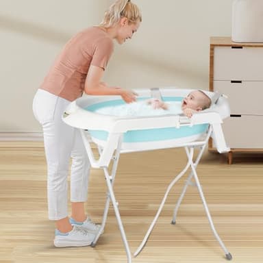 Babywanne mit Ständer Faltbare Baby Badewanne Set mit Gestell - Tragbare Rutschfeste Wanne für Neugeborene bis 3 Monate - Stützkissen inklusive-66 * 61 * 82cm- grün