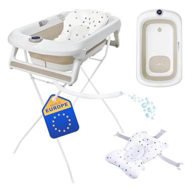 Primabobo Faltbar Babybadewanne, Große Babywanne faltbar, Kinderbadewanne mit Badesitz, für Babys von 0-36 Monaten (LUX Beige, Faltbare Babybadewanne mit Gestell)