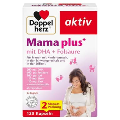 Doppelherz Mama plus mit DHA + Folsäure - wichtige Nährstoffe für Frauen mit Kinderwunsch, in der Schwangerschaft und in der Stillzeit - 120 Kapseln