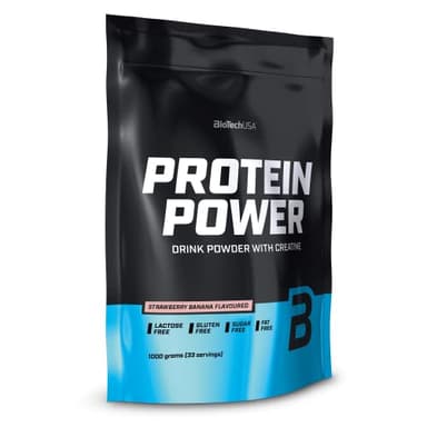 BioTechUSA Protein Power | Hoher Proteingehalt, zuckerfrei, laktosefrei, glutenfrei | mit zugesetztem Kreatin, 1 kg, Erdbeere-Banane