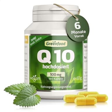 Q10, hochdosiert, 100mg - 180 Kapseln, vegan. Coenzym Q10 - gewonnen durch natürliche Fermentation. OHNE künstliche Zusätze - laborgeprüft. Von Greenfood.