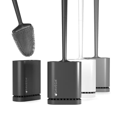 SAVEGA - Silikon Klobürste mit flachem und biegsamem Kopf - Toilettenbürste aus Silikon mit schnell trocknendem Halter - Moderne WC Bürste für die Wandmontage ohne Bohren (schwarz, matt) - 1er Set