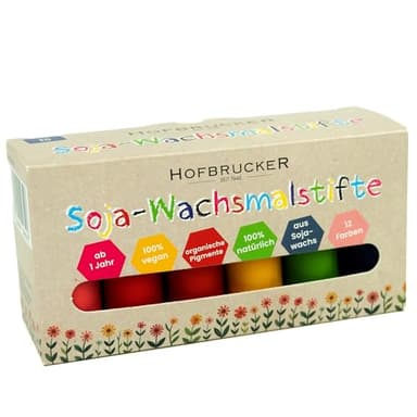 Hofbrucker 12 bunte Wachsmalstifte, Kinder & Baby-Buntstifte aus 100% natürlichem Sojawachs, Vegan & Ungiftig, ab 1 Jahr, Organische Pigmente ohne unnötige Zusatzstoffe (12 Sojastifte)
